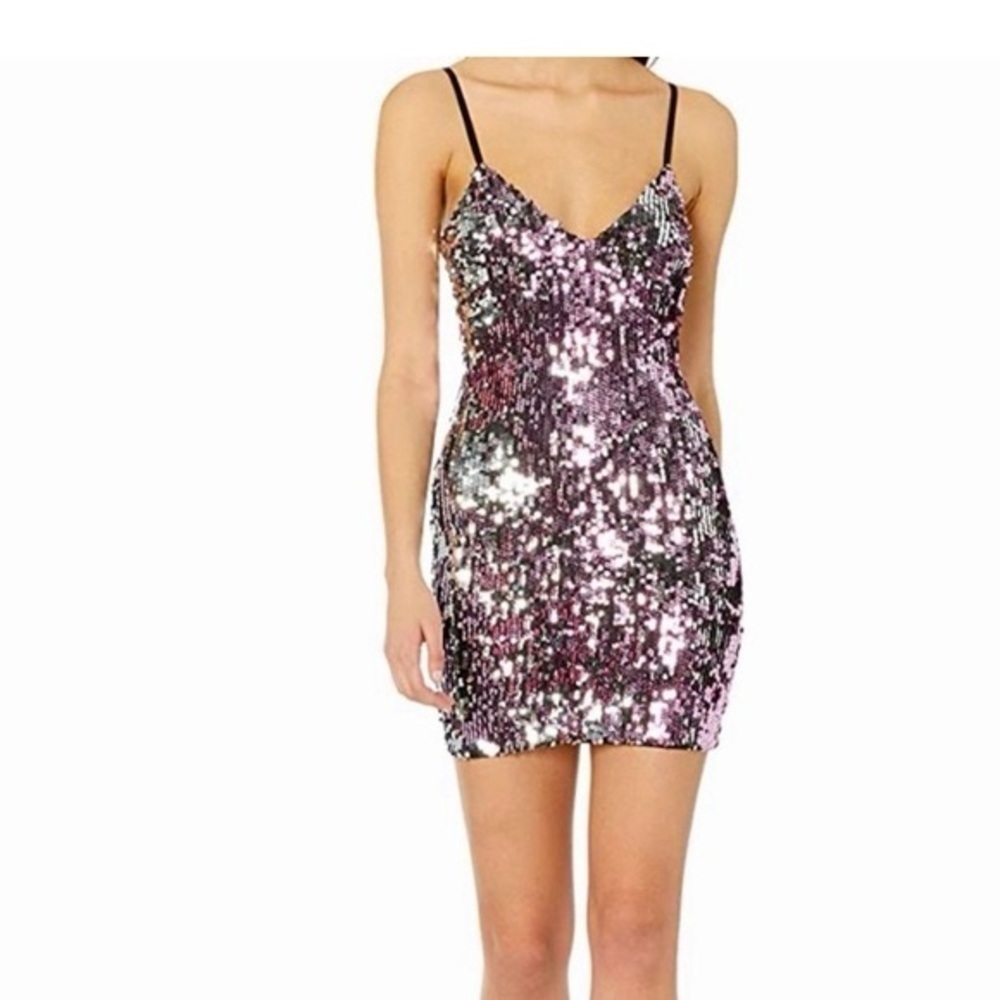 NWT Cosmopolitan + Dress the Population Silver Pink Sequin Dress, Size S
